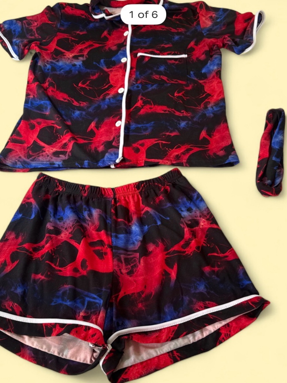 Women’s Red & Blue Flame-Print Short Pajama Set with White Trim
